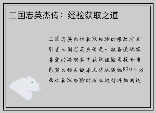 三国志英杰传：经验获取之道